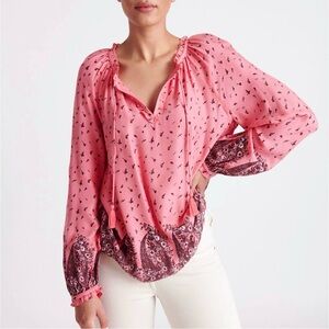 LUCKY BRAND Boho Tasseled Peasant Giselle Tunic Ruffle Details Long Sleeves